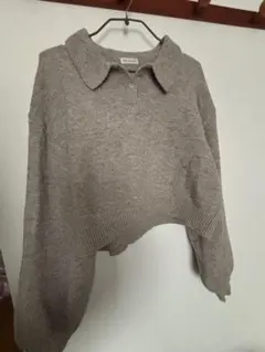 ベージュポロネック クロップドニットセーター