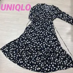 【お値下げ】UNIQLO 花柄 Vネックワンピース ネイビー S