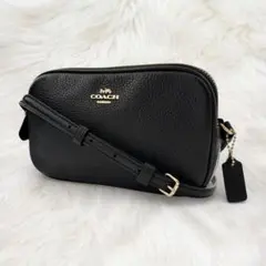 コーチ カメラバッグ ショルダーバッグ ダブルファスナー シボ革 ブラック