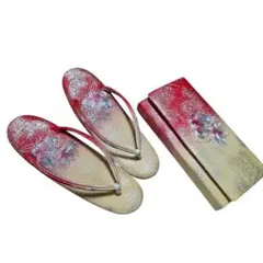 草履　バッグ　セット　赤　クリーム　シルバーラメ　23cm　M