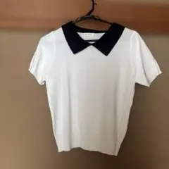 ホワイト ブラック　ポロカラー 半袖ニット
