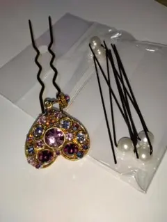 ハート型ストーンかんざしとパールの髪飾りセット