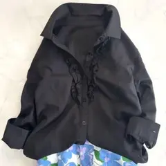 d*7様 クレージュ フリルシャツブラウス 黒 ブラック ロゴマーク 38 綿