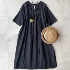 ローズバッド リネン前後2wayギャザーワンピース 5分袖 リボン 麻100%