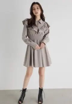 rienda フロントジップフリルミニシャツワンピース ベージュ