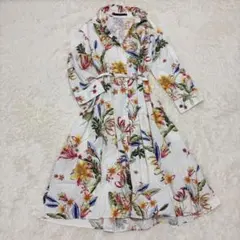 ZARA シャツワンピース　花柄　ボタニカル　ロング　フレア　ベルト付き