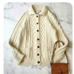 英国製　ハンドニットアラン　フィッシャーマンニット　ビンテージ　レザーボタン