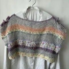 ハンドメイド手編みカラフルストライプかぎ針編みベスト モヘア