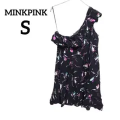 MINKPINK 【S】 花柄　アシメスリーブ　ワンピース　オフショルダー　黒