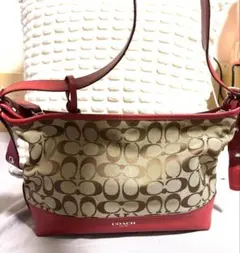 COACH ロゴ入りショルダーバッグ ベージュ/レッド