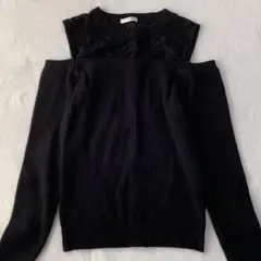 オフショルダー　レースハイネック　リブT カットソー　トップス　長袖　黒