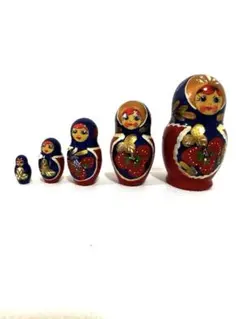 マトリョーシカ 5体セット 木製 いちご柄 赤×青 ミニサイズ 8cm