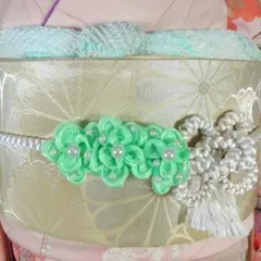 帯留め　花　パール　飾り　振袖　七五三　着物　和装小物　黄緑　ライトグリーン