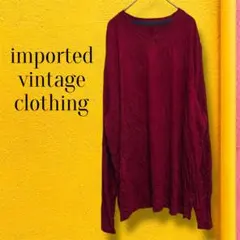 海外古着 Vネック 長袖カットソー ボルドー XL ロンT シンプル 無地