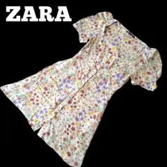 【美品】ZARA 水彩画風花柄ワンピース 半袖 レトロ風 ヴィンテージ風