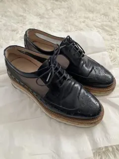 ネイビー レザー 本革 ウィングチップ 厚底シューズ ローファー レースアップ