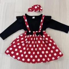 ミニーちゃん　ワンピース　赤と黒の水玉ワンピースとヘアバンド