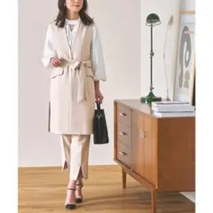 ベージュ ロングジレジャケット、パンツスーツ セット