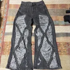う*う様 韓国系 y2k ダメージ加工 ダークグレー ワイドレッグデニム