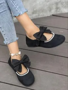 ブラックリボンパールフラットシューズ