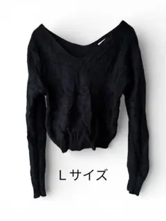 セーター 黒リブ編みニット Lサイズ Vネック