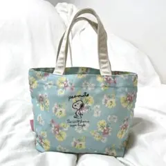 【PEANUTS】スヌーピー　水色系水彩花柄　ランチトート　キャンバス　ベージュ