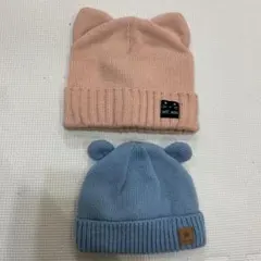 プティマイン耳付きニット帽子　ピンク52 ブルー46