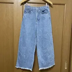 ライトブルー ストレートデニム フリンジ裾