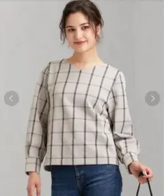 【美品】グリーンレーベルリラクシング チェックジャカード 後ろボタン カットソー