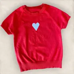赤 ハート刺繍 半袖ニット