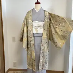 新品　正絹　単衣　女物　長羽織　草花　波