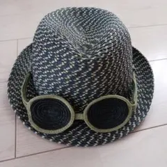 美品 ネイビーとベージュの麦わら帽子 サイズ調節機能付き