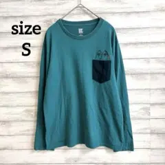 【人気】グラニフ 長袖Tシャツ S グリーン ポケット キャラクター刺繍 ロンT