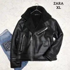 ZARA フェイクムートン XL 黒 レザー ジャケット ボア ライダース