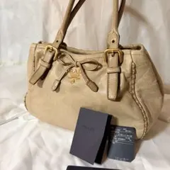 PRADA ベージュ レザー ハンドバッグ リボン 白タグあり