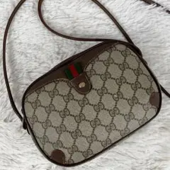 美品 OLD GUCCI PVC レザー ショルダーバッグ シェリーライン 茶