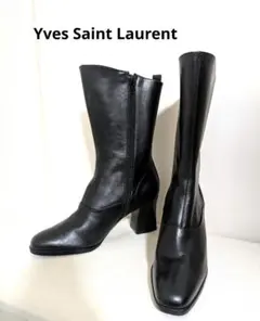 イヴサンローラン YSL 黒 レザー ミドルブーツ 太ヒール ロングブーツのサムネイル