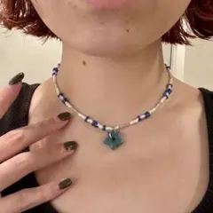 星★ ベージュ×ブルービーズネックレス ウィッシュコア