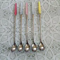 未使用　レトロなロングストレートスプーンセット 4色5本ステンレス日本製マドラー