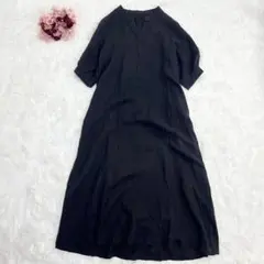 YARRA リネンワンピース リボン チャイナ ロングワンピース ブラック 