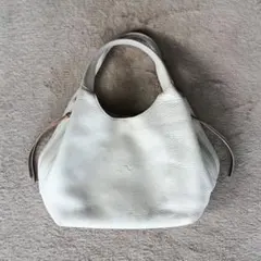 キタムラ ホワイトとブラウンシボ革 レザー ハンドバッグ サイドジッパー付き