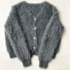 ファーカーディガン　Vネック　ハート型ボタン　長袖　グレー　Mサイズ