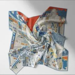 レディースバンダナスカーフ　新品　ブルー青アートスカーフ フランス街並み　母の日