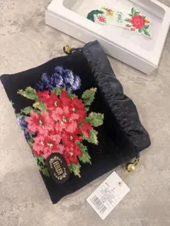 FEILER 花柄刺繍ポーチ 黒