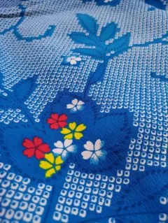 単衣 仕立て上がり着物 Lサイズ(青/絞り柄に蔦と桜)・B品