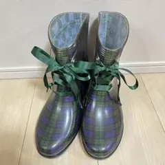 緑・紫チェック柄リボン付き長靴　23.5センチ