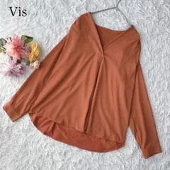 【M】Vis ヴィス　長袖ブラウス　Vネック　フロントタック　無地　プルオーバーのサムネイル