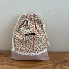 給食袋　巾着　花　ピンク　レース　ハンドメイド