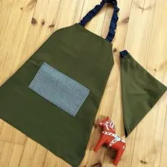 着脱簡単！ 子供エプロン 120 〜 130 三角巾セット☆ シンプルグリーン