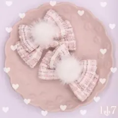 【限定SALE】ハンドメイドヘアリボン 推し活 ツイード ピンク